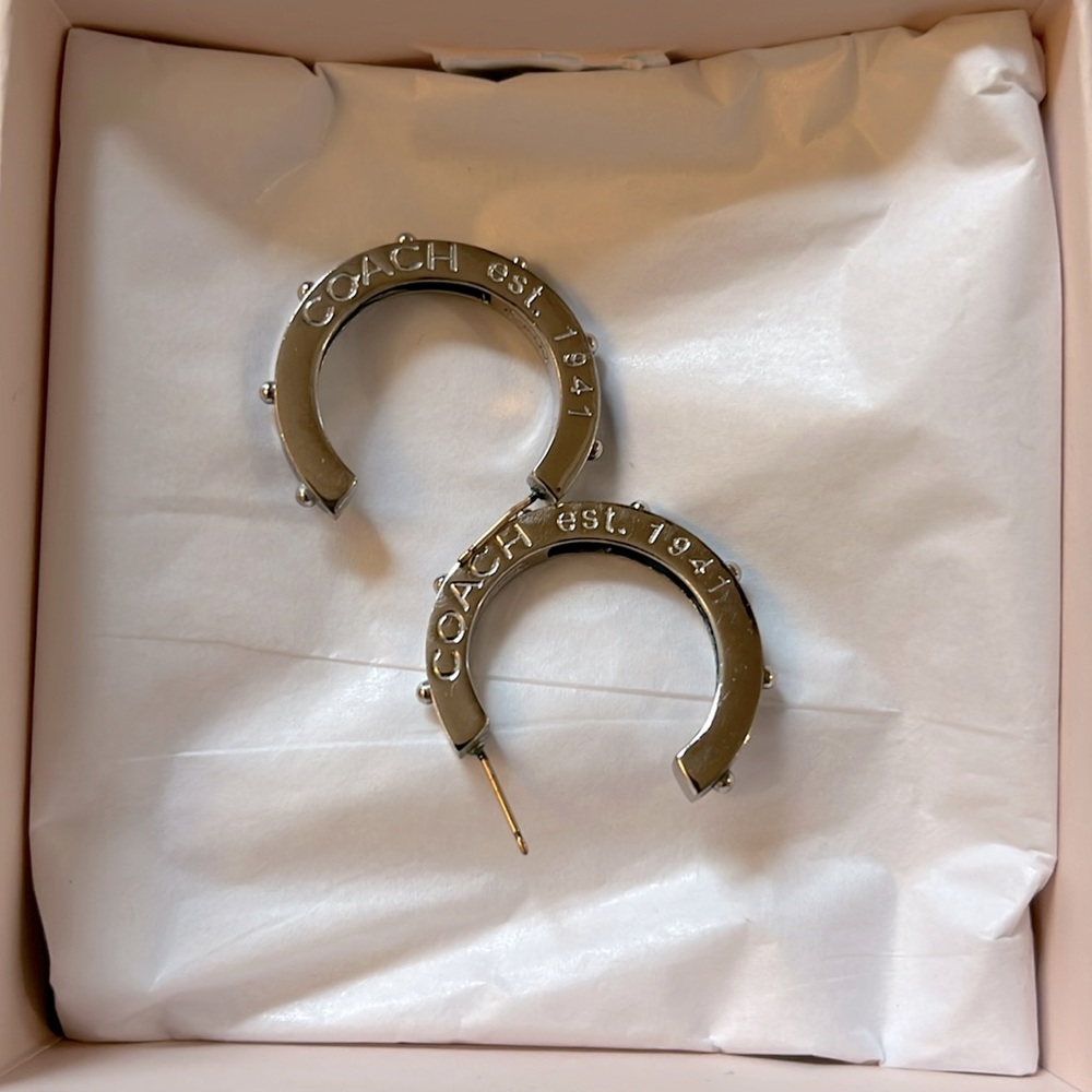 Authentic vintage Coach silver hoop earrings with navy stripe